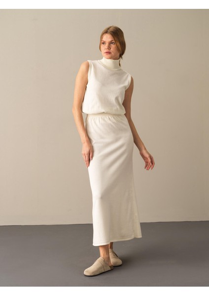 Kadın Ekru Regular Fit Triko Uzun Etek