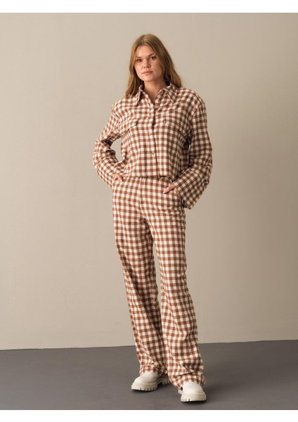 Kadın Camel Oversize Ekose Gömlek