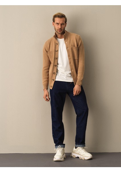 Erkek Camel Düğmeli Cep Detaylı Hırka