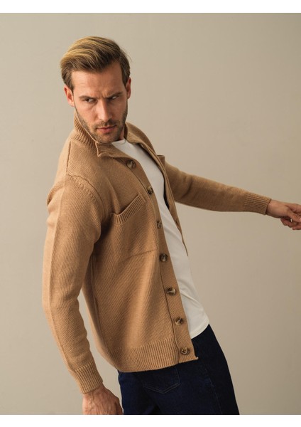 Erkek Camel Düğmeli Cep Detaylı Hırka modelleri
