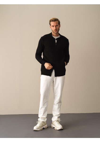 Erkek Siyah Regular Fit Fermuarlı Hırka
