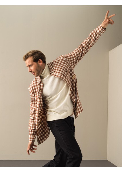 Erkek Camel Oversize Ekose Gömlek