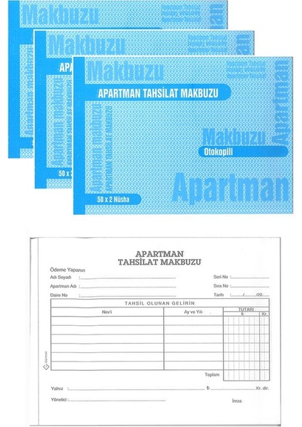 Apartman Tahsilat Makbuzu Otokopili 2/50 3 Adet Apartman Aidat Makbuzu 14X19 cm