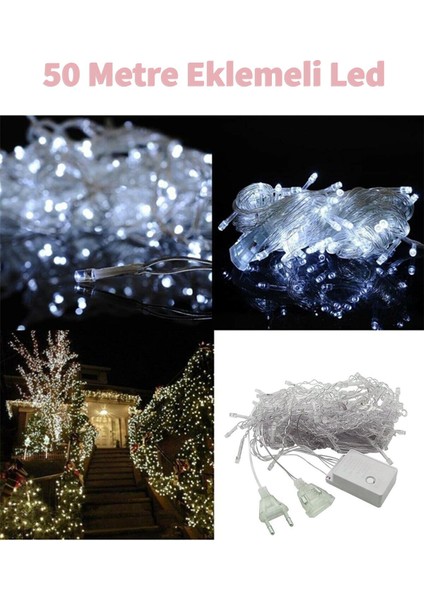 Fonksiyonlu Beyaz 50 Metre Dekor LED - Çam Ağacı Süsü Yılbaşı Süsü - Pirinç LED