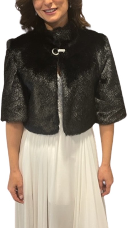 New in Style Newin Style Yarım Kollu Broş Detaylı Gelin Etol Kürk Bolero Siyah görsel 3