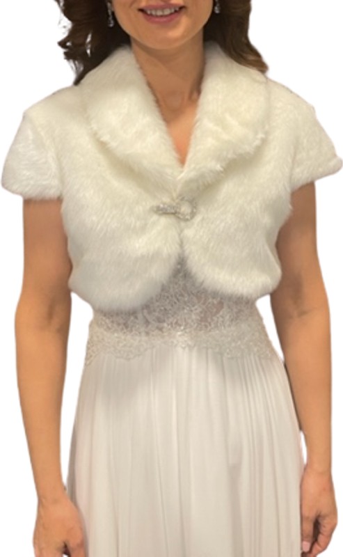 New in Style Newin Style Beyaz Kısa Kollu Broş Detaylı Gelinlik Ceket Etol Kürk Bolero Gelin Şal görsel 2