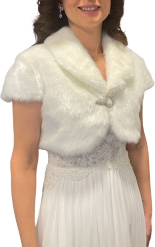 New in Style Newin Style Beyaz Kısa Kollu Broş Detaylı Gelinlik Ceket Etol Kürk Bolero Gelin Şal