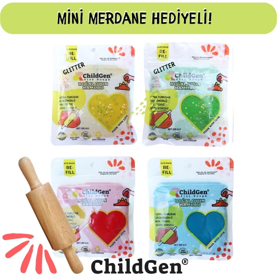 ChildGen Doğal Oyun Hamuru Mini Merdane 4'lü Set 4 x 125 gr Vakumlu Kartuş Paket - Ecopack-Refill