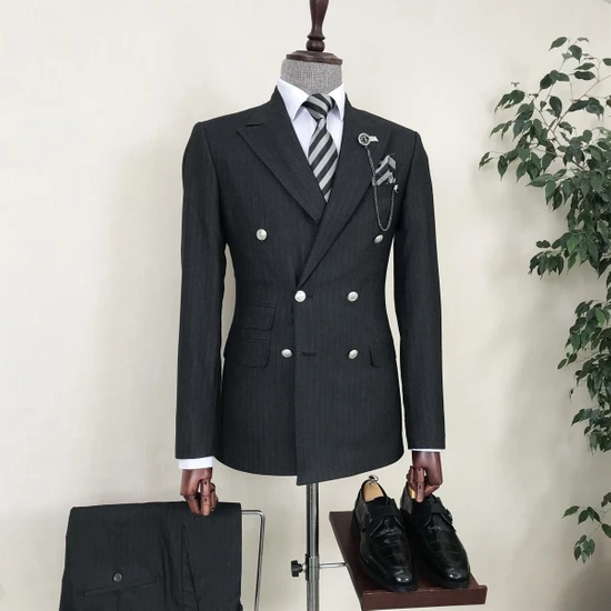 Terzi Adem Italyan Stil Çizgili Kruvaze Ceket Pantolon Takım Elbise Antrasit T8607