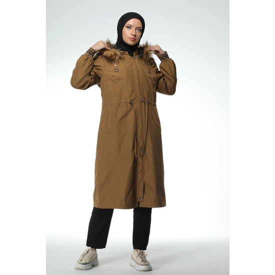 Kavvis Kahve Kadın Kapüşonlu Bondit Kumaş Trenchcoat