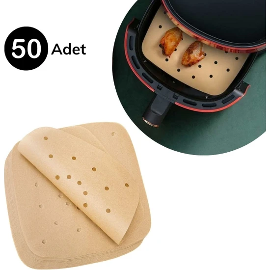 Buffer 50 Adet Air Fryer Pişirme Kağıdı Tek Kullanımlık Hava Fritöz Yağ Geçirmez Yapışmaz Gıda Pişirme Kağıdı Delikli Kare Model