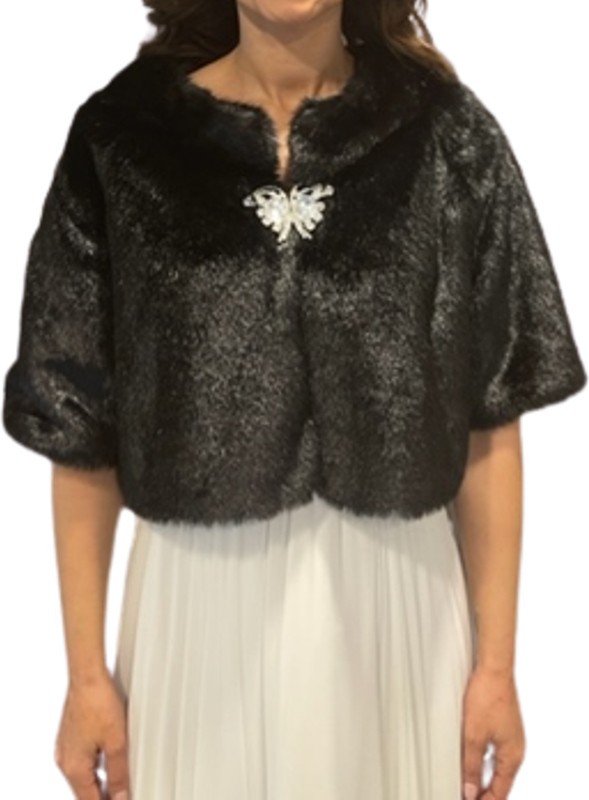 New in Style Newin Style Yarım Kollu Kristal Taş Broşa Sahip Gelin Etol Kürk Bolero Siyah görsel 2