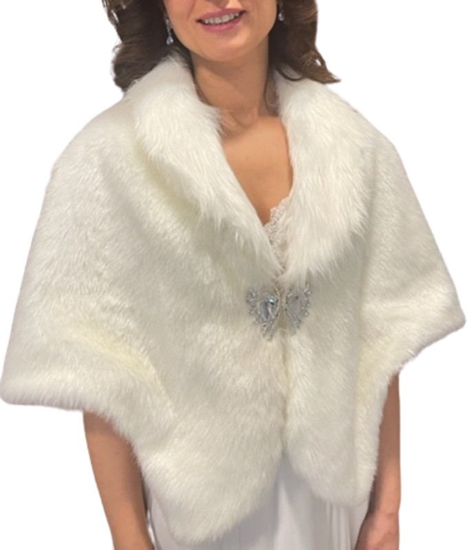 New in Style Newin Style Beyaz Elmas Detaylı Broşa Sahip Gelinlik Şal Etol Kürk Gelin Bolero