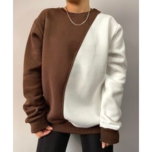 Kahverengi Beyaz Sweatshirt 3iplik Şardonlu Kalın ve Kaliteli Unisex Oversize