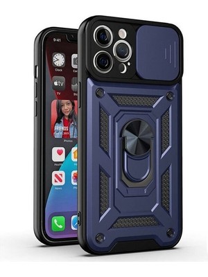 Case 4U Apple iPhone 14 Pro Kılıf Kamera Korumalı Sürgülü Vega Yüzüklü Armor Military Tank Zırh Lacivert