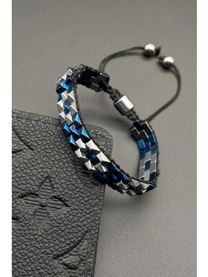 Frnch Hematit Doğal Taşlı Lacivert Renkli Ayarlanabilir Makrome Erkek Bileklik FRJ11672-1772-L2A