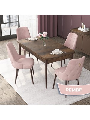 Canisa Concept Nex Serisi, Barok Ahşap Desen 80 x 132 cm Mdf Mutfak Masası Takımı Metal Iskelet, 4 Sandalye Gold Halka