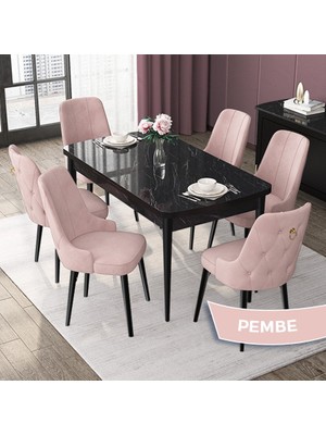 Canisa Concept Nex Serisi, Siyah Mermer 80 x 132 cm Mdf Mutfak Masası Takımı Metal Iskelet, 6 Sandalye Gold Halka