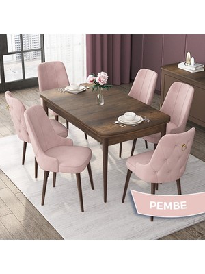 Canisa Concept Nex Serisi, Barok Ahşap Desen 80 x 132 cm Mdf Mutfak Masası Takımı Metal Iskelet, 6 Sandalye Gold Halka