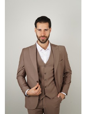 Maserto Slim Fit Kahverengi Takım Elbise Düz Desenli