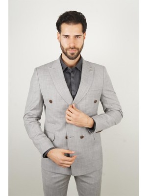 Maserto Slim Fit Kruvaze Gri Takım Elbise Düz Desenli