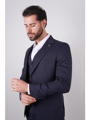 Maserto Slim Fit Lacivert Takım Elbise Kendinden Desenli