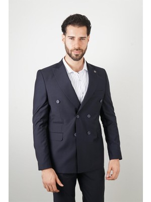 Maserto Slim Fit Kruvaze Lacivert Takım Elbise Düz Desenli