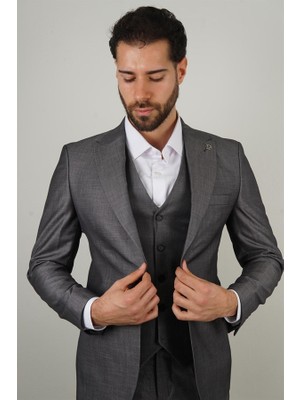 Maserto Slim Fit Koyu Gri Takım Elbise Kendinden Desenli