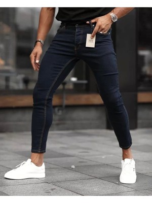 WE11 Erkek Dar Kesim Yıpratmalı Kot Pantolon- Lacivert