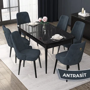 Concept Nex Serisi, Siyah Mermer 80 x 132 cm Mdf Mutfak Masası Takımı Metal Iskelet, 6 Sandalye Gold Halka