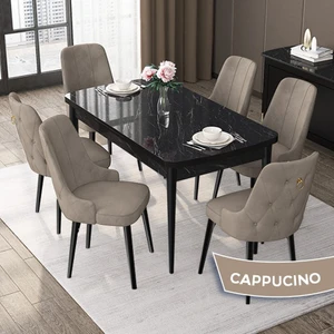 Concept Nex Serisi, Siyah Mermer 80 x 132 cm Mdf Mutfak Masası Takımı Metal Iskelet, 6 Sandalye Gold Halka