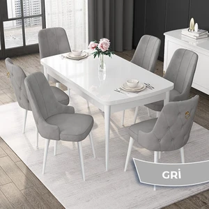 Concept Nex Serisi, Beyaz 80 x 132 cm Mdf Mutfak Masası Takımı Metal Iskelet, 6 Sandalye Gold Halka