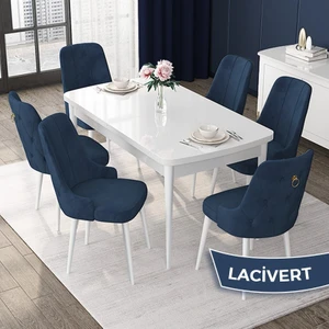 Concept Nex Serisi, Beyaz 80 x 132 cm Mdf Mutfak Masası Takımı Metal Iskelet, 6 Sandalye Gold Halka