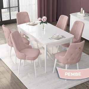 Concept Nex Serisi, Beyaz 80 x 132 cm Mdf Mutfak Masası Takımı Metal Iskelet, 6 Sandalye Gold Halka