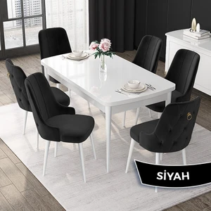 Concept Nex Serisi, Beyaz 80 x 132 cm Mdf Mutfak Masası Takımı Metal Iskelet, 6 Sandalye Gold Halka