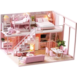 Ahşap 1/24 Ölçekli Bebek Evi Minyatürleri Pembe Yatak Odası Diy Kiti Montajı Akcss (Yurt Dışından)