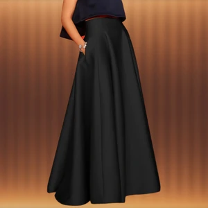 NSM Life Kadın Siyah Cepli Yüksek Bel Maxi Uzun A-Line Saten Etek