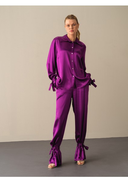 Kadın Mor Oversize Saten Gömlek fiyatları