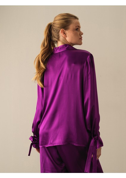 Kadın Mor Oversize Saten Gömlek modelleri