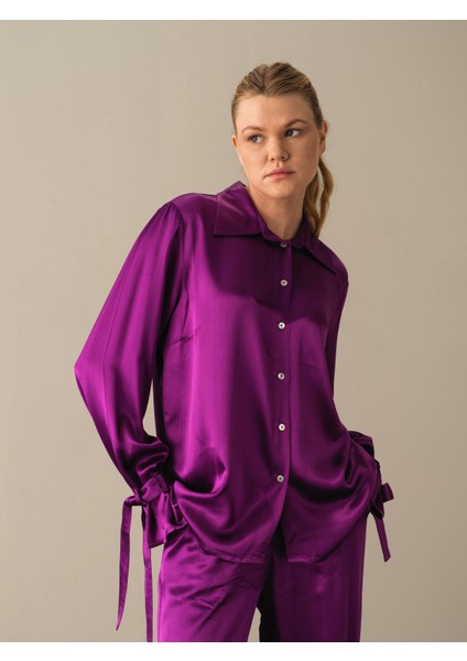 Kadın Mor Oversize Saten Gömlek fırsatları