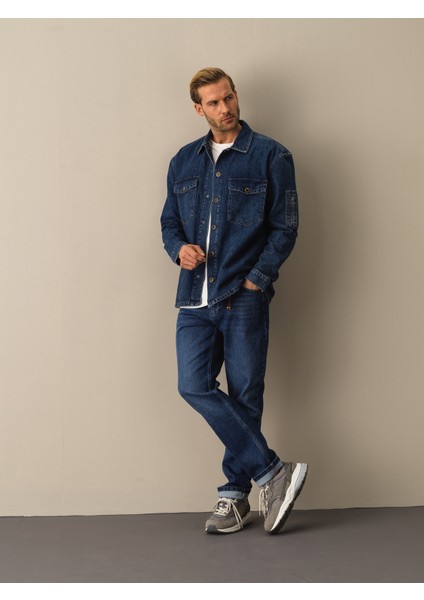 Erkek Lacivert Oversize Denim Gömlek Ceket