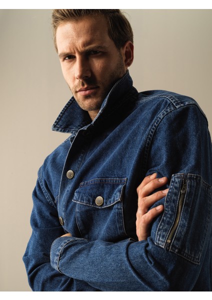Erkek Lacivert Oversize Denim Gömlek Ceket modelleri