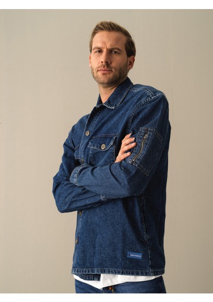 Erkek Lacivert Oversize Denim Gömlek Ceket