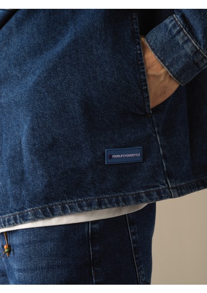 Erkek Lacivert Oversize Denim Gömlek Ceket