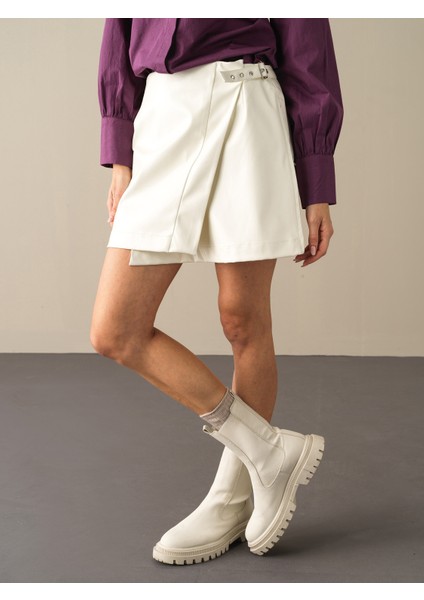 Kadın Ekru Regular Fit Deri Görünümlü Etek modelleri