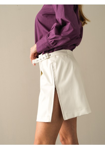 Kadın Ekru Regular Fit Deri Görünümlü Etek fırsatları