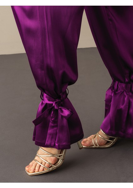 Kadın Mor Regular Fit Saten Pantolon modelleri