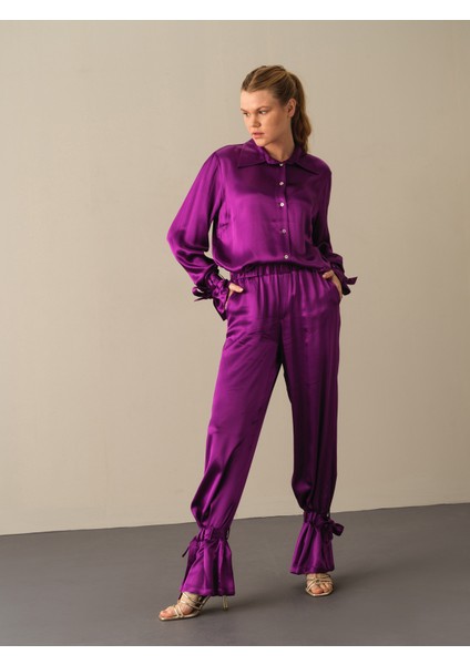 Kadın Mor Regular Fit Saten Pantolon fırsatları