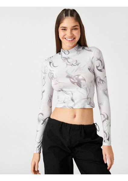 Uzun Kollu Tişört Crop Dik Yaka Desenli modelleri