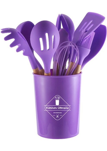 12 Adet Kit Silikon Ahşap Saplı Turner Çorba Kaşığı Spatula Fırça Kazıyıcı Makarna Yumurta Çırpıcı Yapışmaz Tava Mutfak Pişirme Araçları (Yurt Dışından)